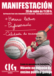 Modelos de resolucións dos claustros e consellos escolares esixindo a retirada da proposta de incremento de horario lectivo, e cartel da convocatoria de manifestación